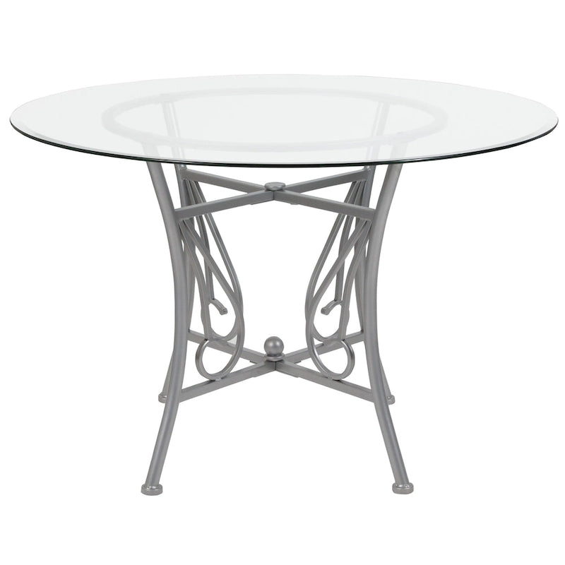 Table à manger ronde en verre de 45" avec pied piédestal en métal orné de volutes