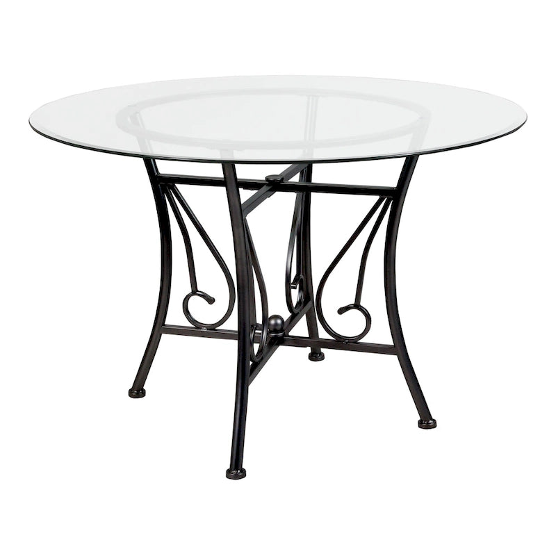 Table à manger ronde en verre de 45" avec pied piédestal en métal orné de volutes