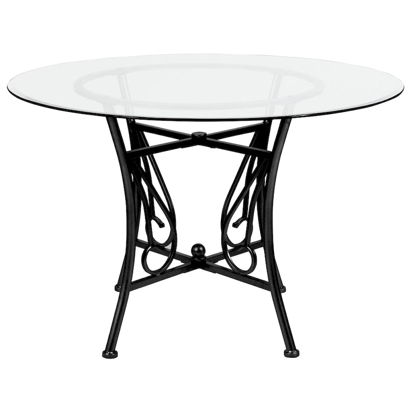 Table à manger ronde en verre de 45" avec pied piédestal en métal orné de volutes