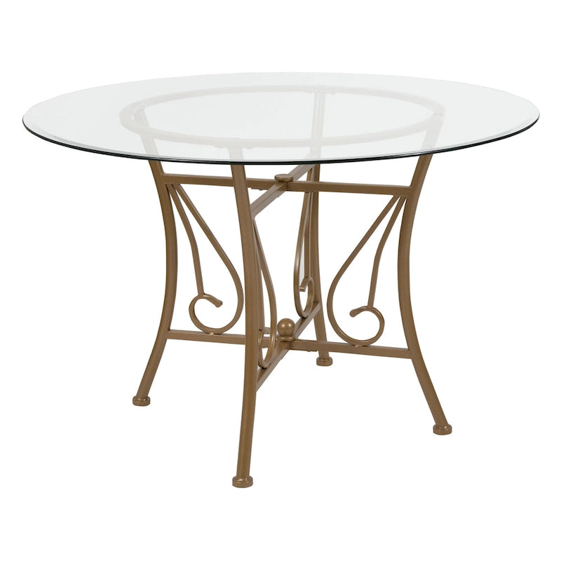 Table à manger ronde en verre de 45" avec pied piédestal en métal orné de volutes