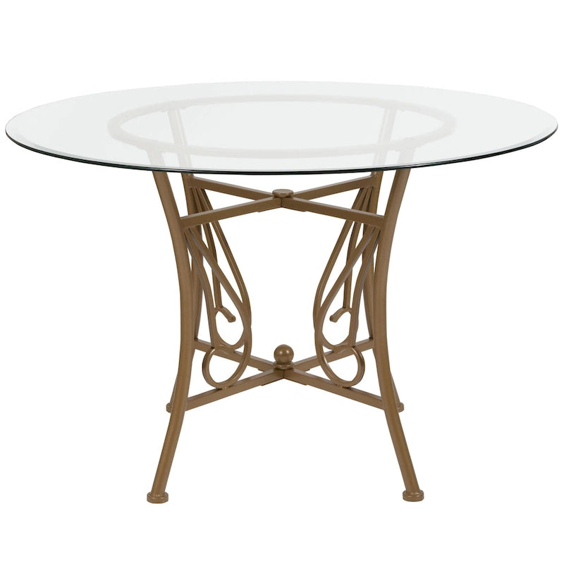 Table à manger ronde en verre de 45" avec pied piédestal en métal orné de volutes