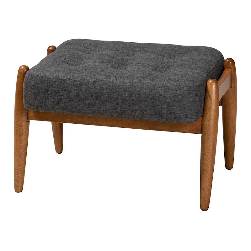 Ottoman-Repose-Pieds en Tissu Capitonnage Style Japandi avec Pieds en Noyer Brun