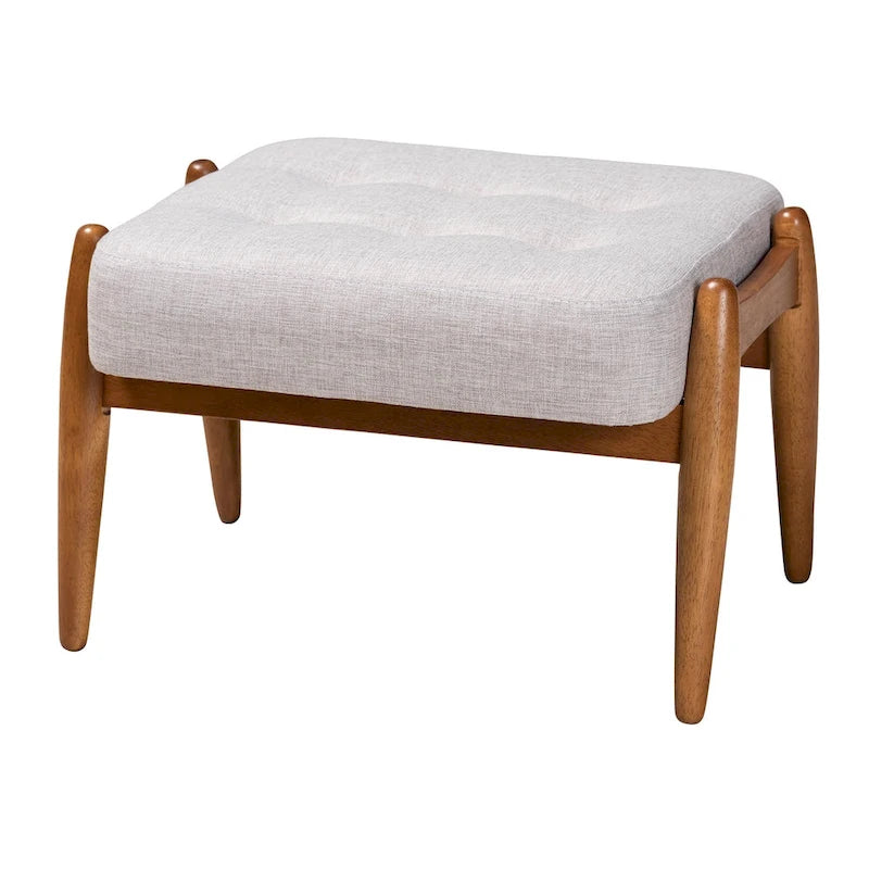 Ottoman-Repose-Pieds en Tissu Capitonnage Style Japandi avec Pieds en Noyer Brun