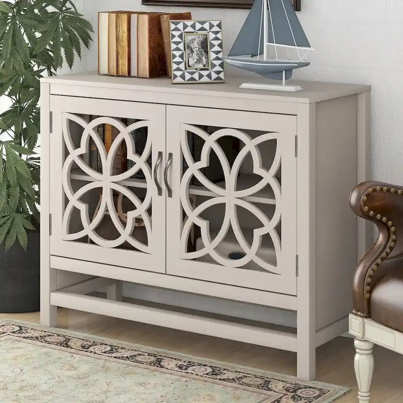 Meuble Buffet avec Accents de Bois, Portes à Treillis et Étagère Réglable