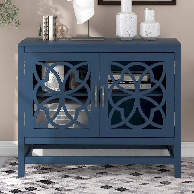 Meuble Buffet avec Accents de Bois, Portes à Treillis et Étagère Réglable