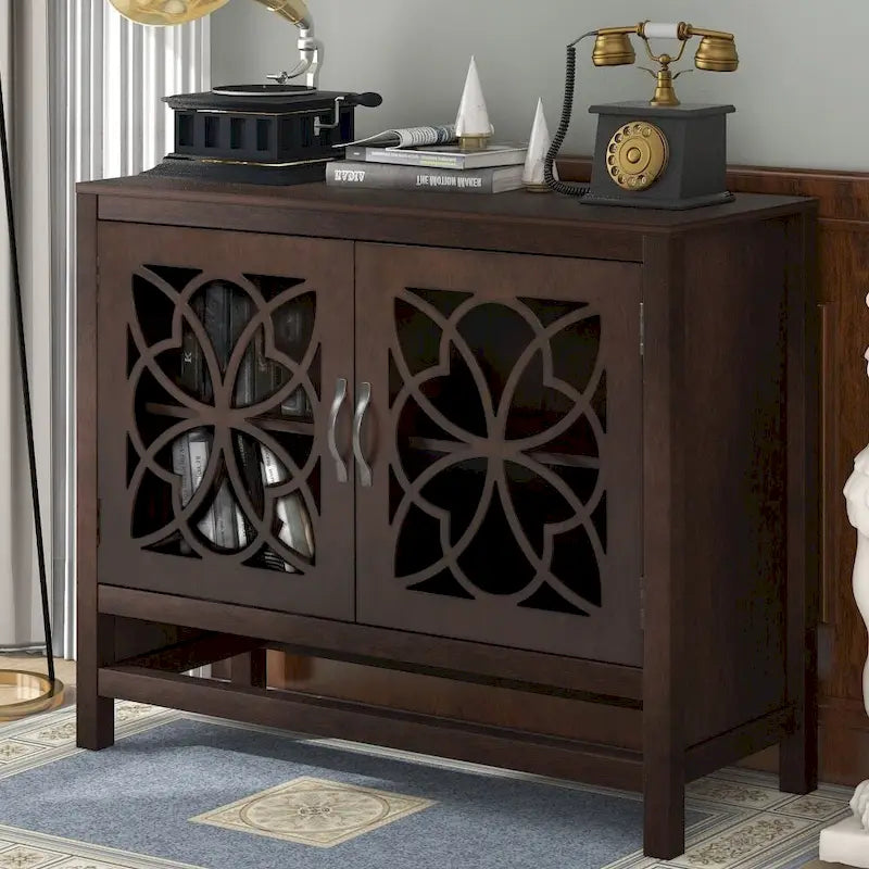 Meuble Buffet avec Accents de Bois, Portes à Treillis et Étagère Réglable
