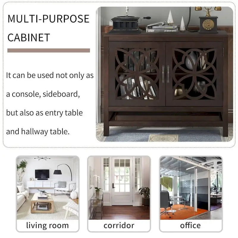 Meuble Buffet avec Accents de Bois, Portes à Treillis et Étagère Réglable