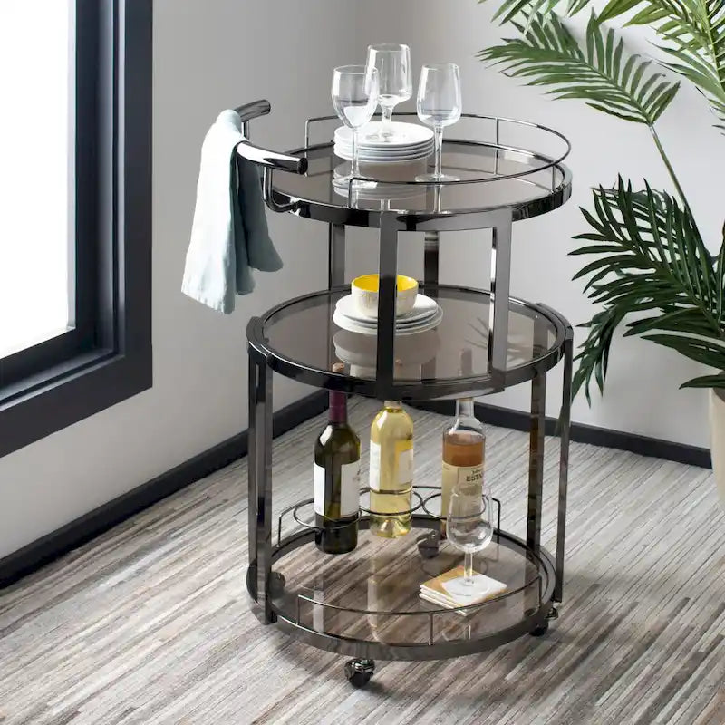Dessert pour bar à roulettes rond à 3 niveaux avec porte-bouteilles, 56 cm (L) × 51 cm (P) × 86 cm (H)