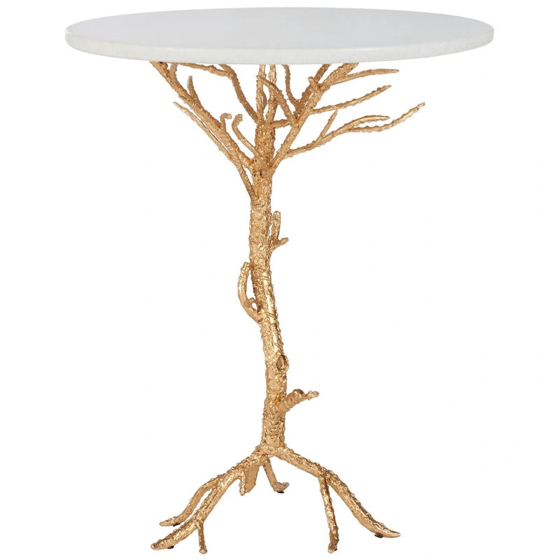 Table d'appoint ronde avec plateau en granit blanc et base en fer en forme de branche d'arbre
