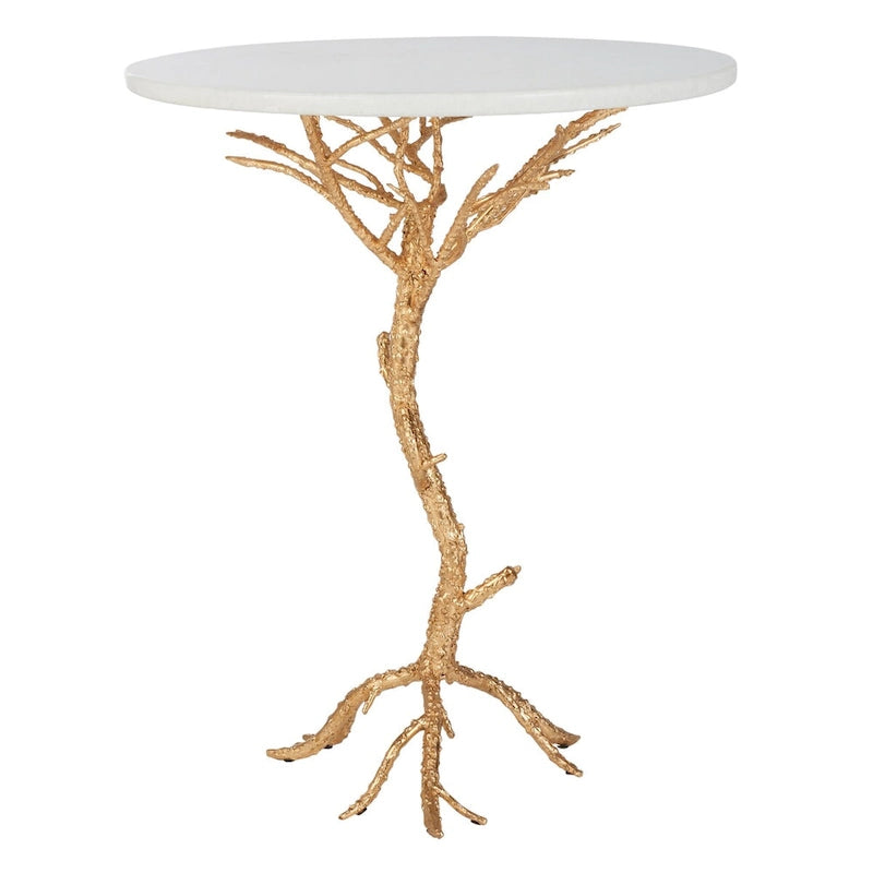 Table d'appoint ronde avec plateau en granit blanc et base en fer en forme de branche d'arbre