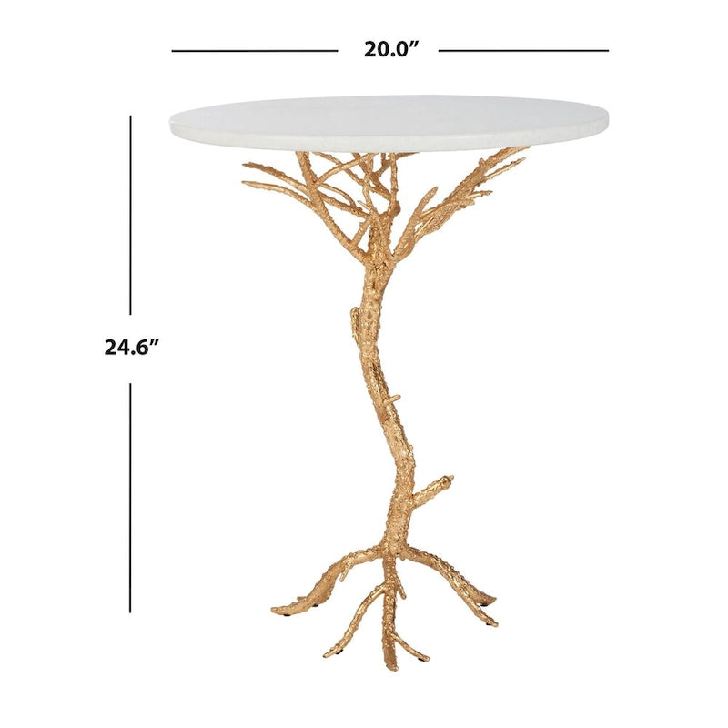 Table d'appoint ronde avec plateau en granit blanc et base en fer en forme de branche d'arbre