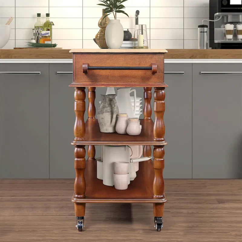 Îlot de cuisine roulant avec rangement, roulettes, porte-bouteilles et étagère à épices