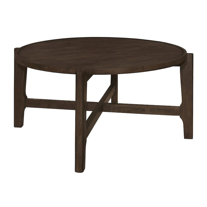 Table basse ronde marron foncé avec pieds croisés en X