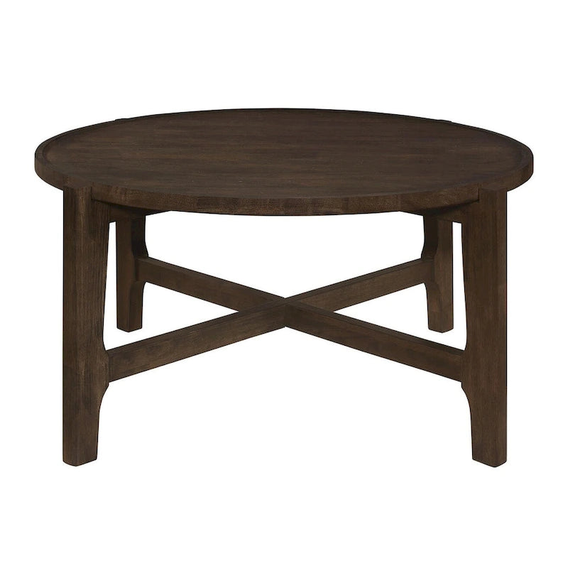 Table basse ronde marron foncé avec pieds croisés en X