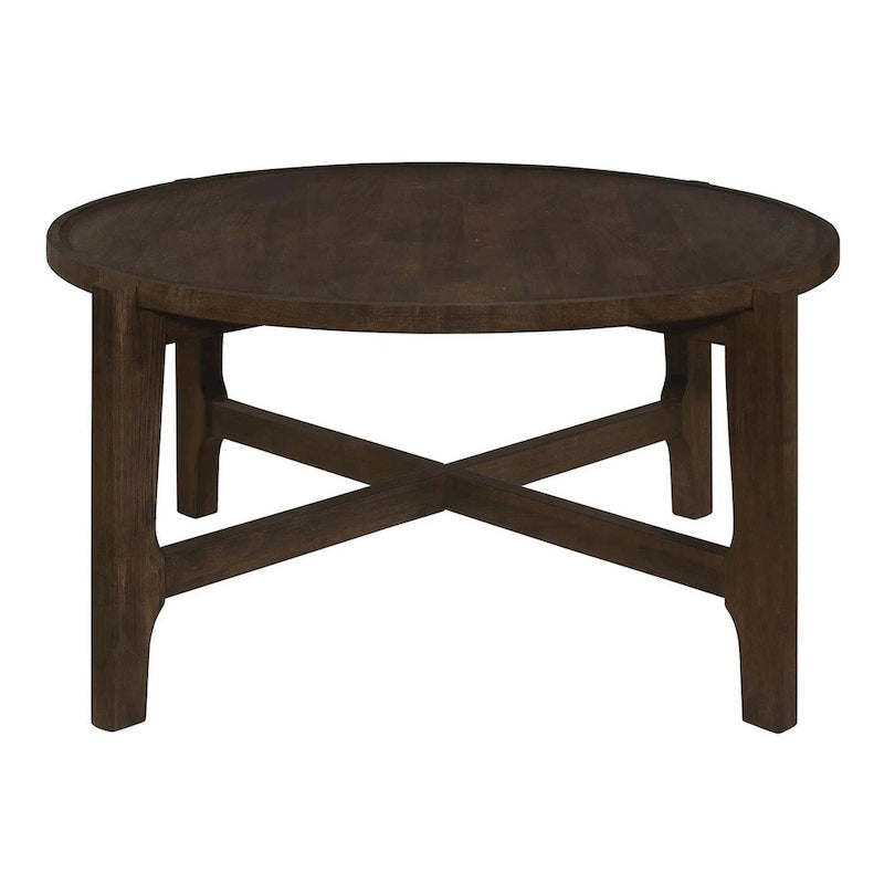Table basse ronde marron foncé avec pieds croisés en X