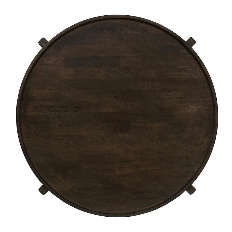 Table basse ronde marron foncé avec pieds croisés en X