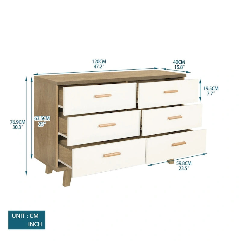 Commode/chiffonnier à 6 tiroirs en chêne blanc
