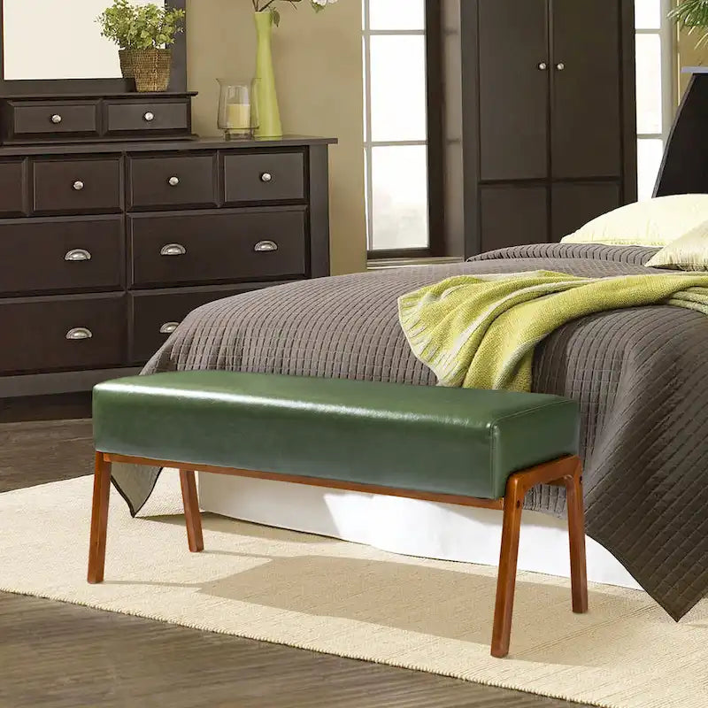 Banc moderne en similicuir avec pieds en bois d'hévéa noyer, L 107,3 cm
