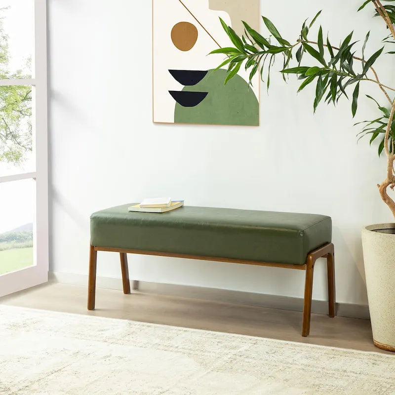 Banc moderne en similicuir avec pieds en bois d'hévéa noyer, L 107,3 cm