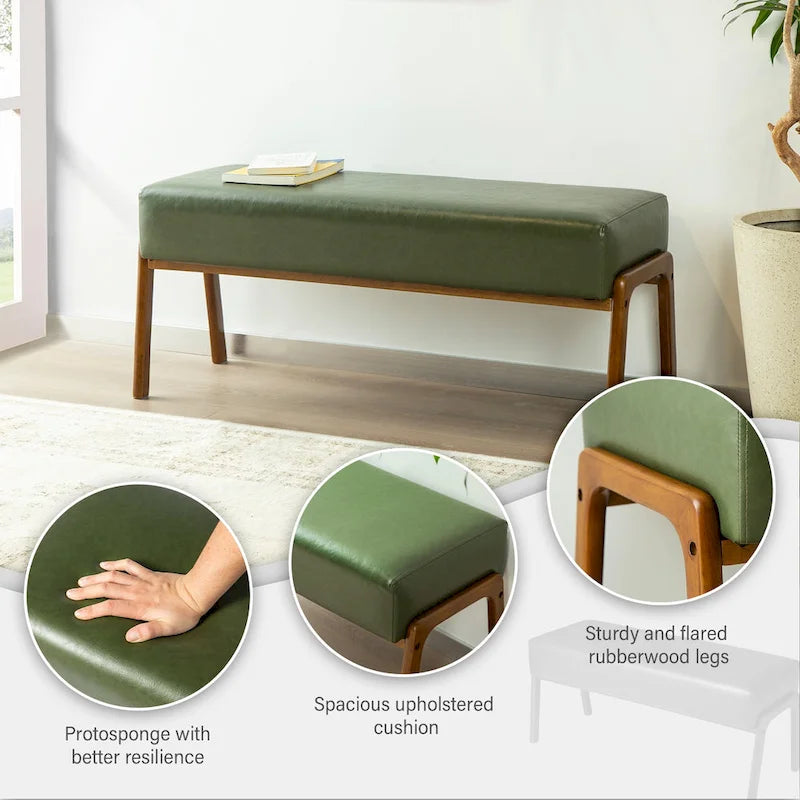 Banc moderne en similicuir avec pieds en bois d'hévéa noyer, L 107,3 cm