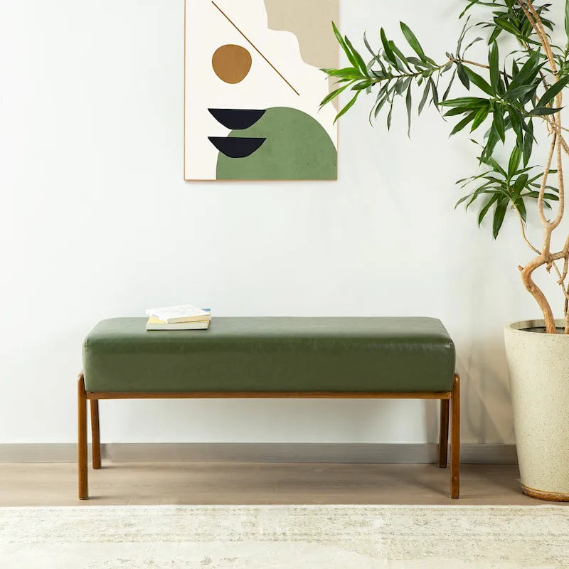 Banc moderne en similicuir avec pieds en bois d'hévéa noyer, L 107,3 cm