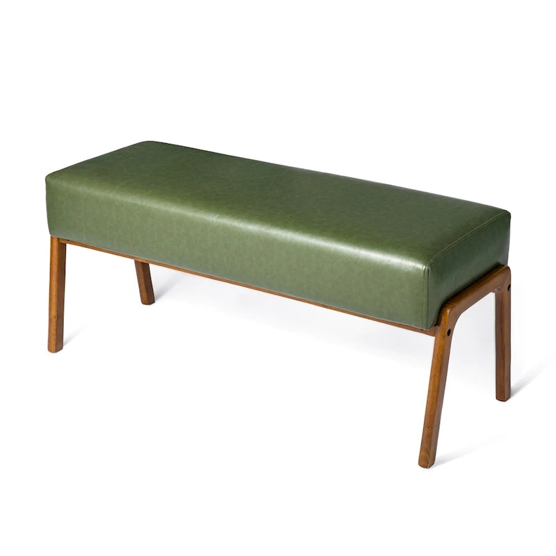 Banc moderne en similicuir avec pieds en bois d'hévéa noyer, L 107,3 cm
