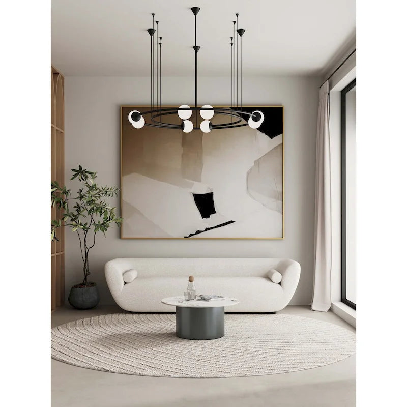 Table basse moderne en pierre sintérisée avec piètement en acier inoxydable noir