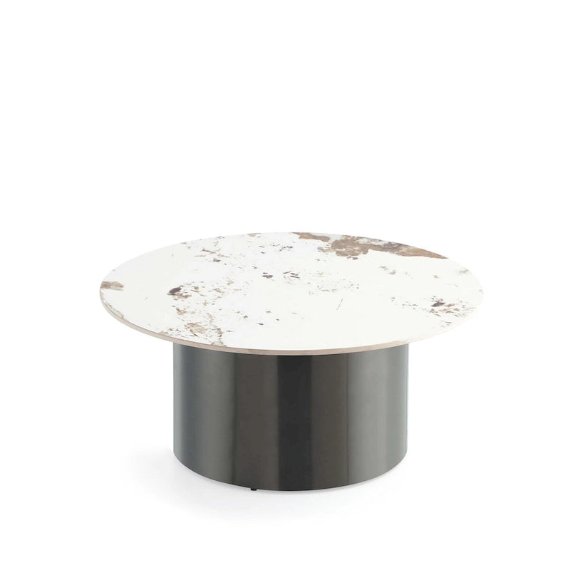 Table basse moderne en pierre sintérisée avec piètement en acier inoxydable noir