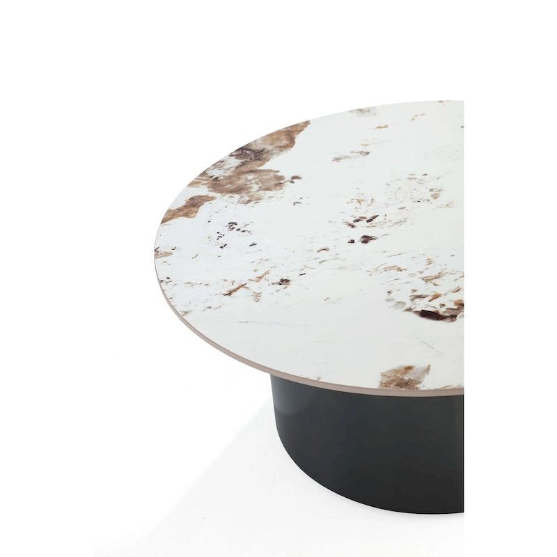 Table basse moderne en pierre sintérisée avec piètement en acier inoxydable noir