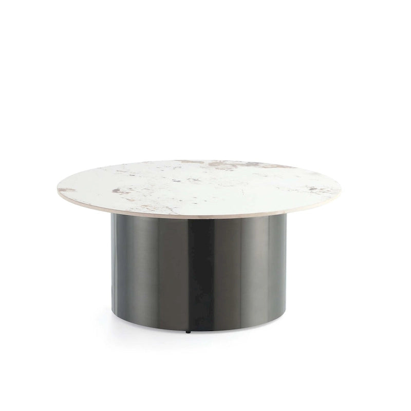 Table basse moderne en pierre sintérisée avec piètement en acier inoxydable noir