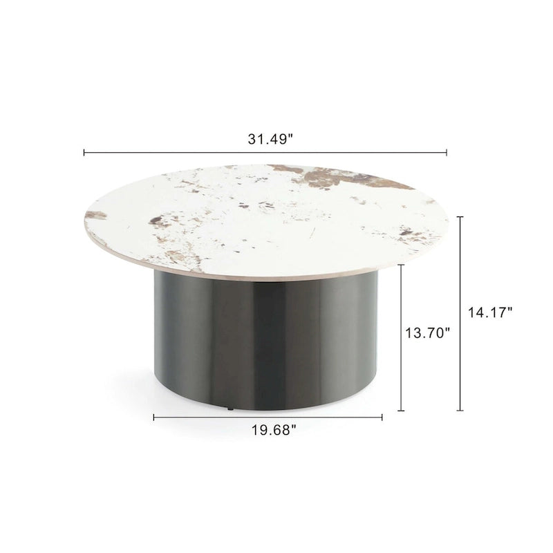 Table basse moderne en pierre sintérisée avec piètement en acier inoxydable noir