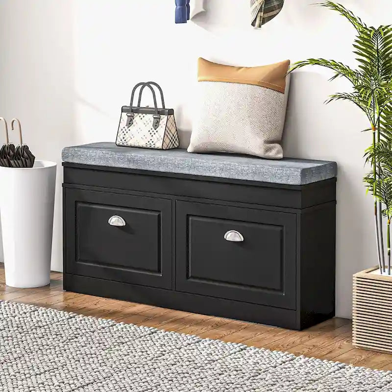 Banc porte-chaussures avec coussin, 2 tiroirs et étagère réglable