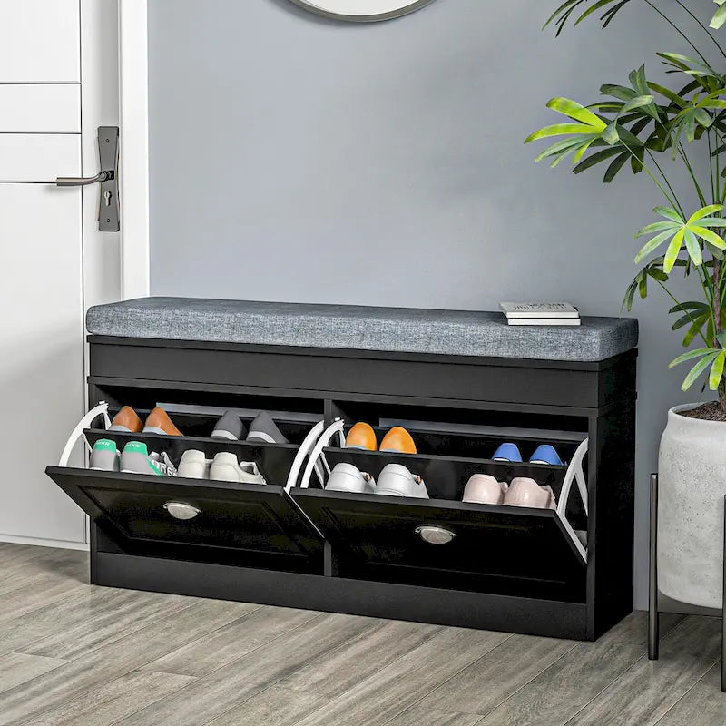Banc porte-chaussures avec coussin, 2 tiroirs et étagère réglable