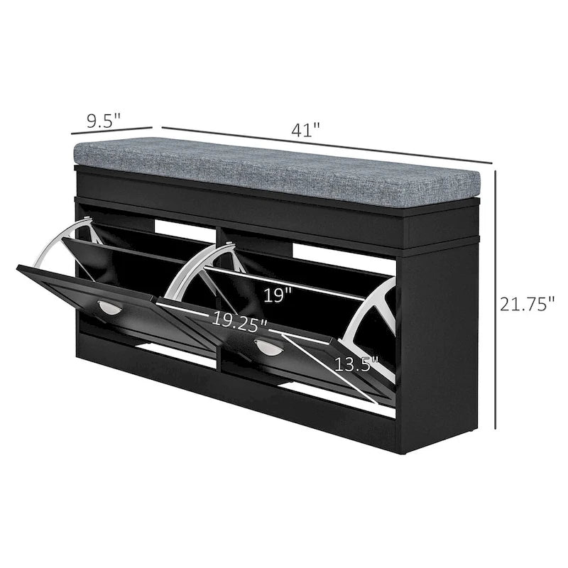 Banc porte-chaussures avec coussin, 2 tiroirs et étagère réglable