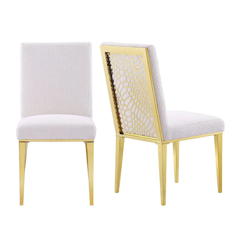 Chaises de salle à manger en velours Teddy avec dossier géométrique et pieds en métal effet miroir