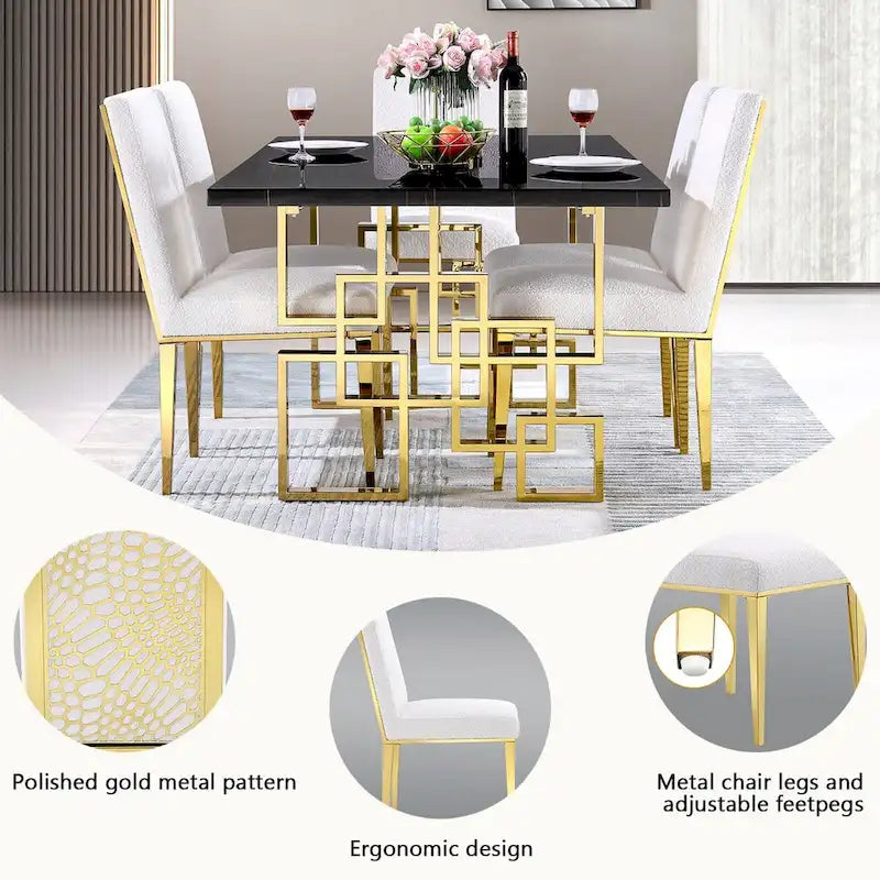 Chaises de salle à manger en velours Teddy avec dossier géométrique et pieds en métal effet miroir