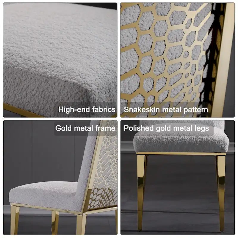 Chaises de salle à manger en velours Teddy avec dossier géométrique et pieds en métal effet miroir