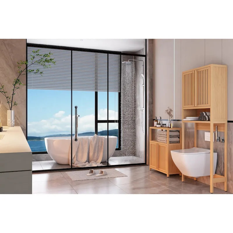 Meuble de rangement en bambou sur pied avec 2 portes à persiennes