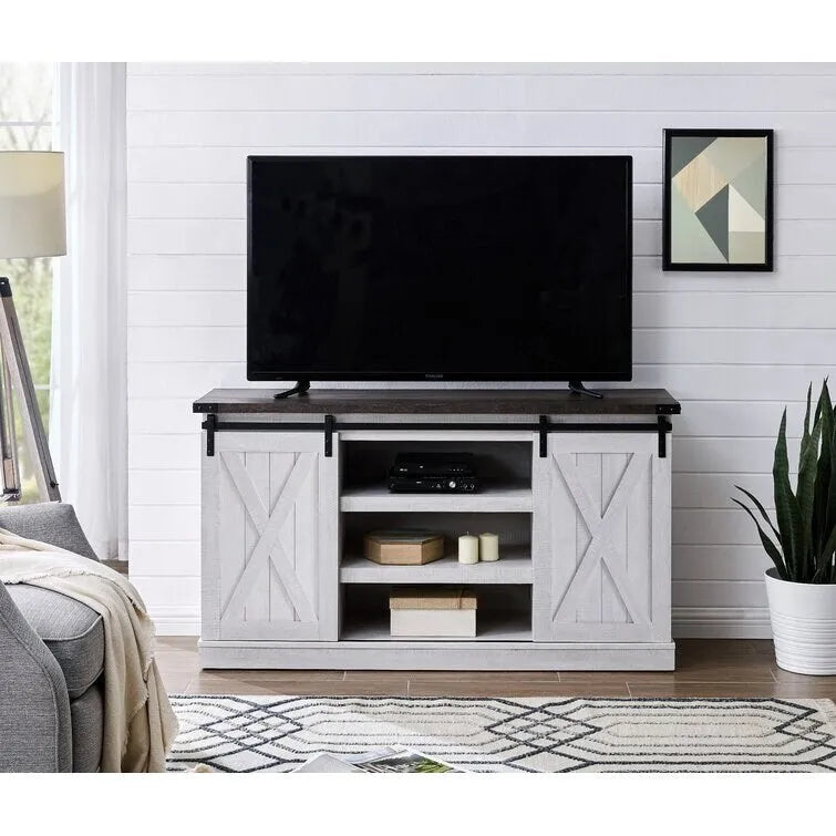 Meuble TV console média en bois avec portes coulissantes façon grange et étagère ouverte