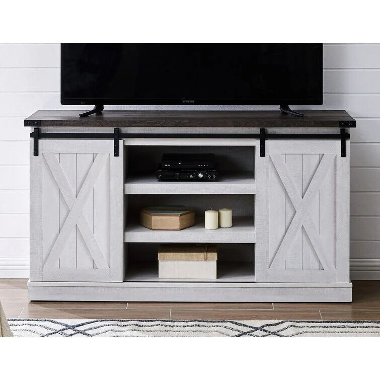 Meuble TV console média en bois avec portes coulissantes façon grange et étagère ouverte