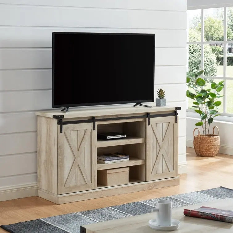 Meuble TV console média en bois avec portes coulissantes façon grange et étagère ouverte