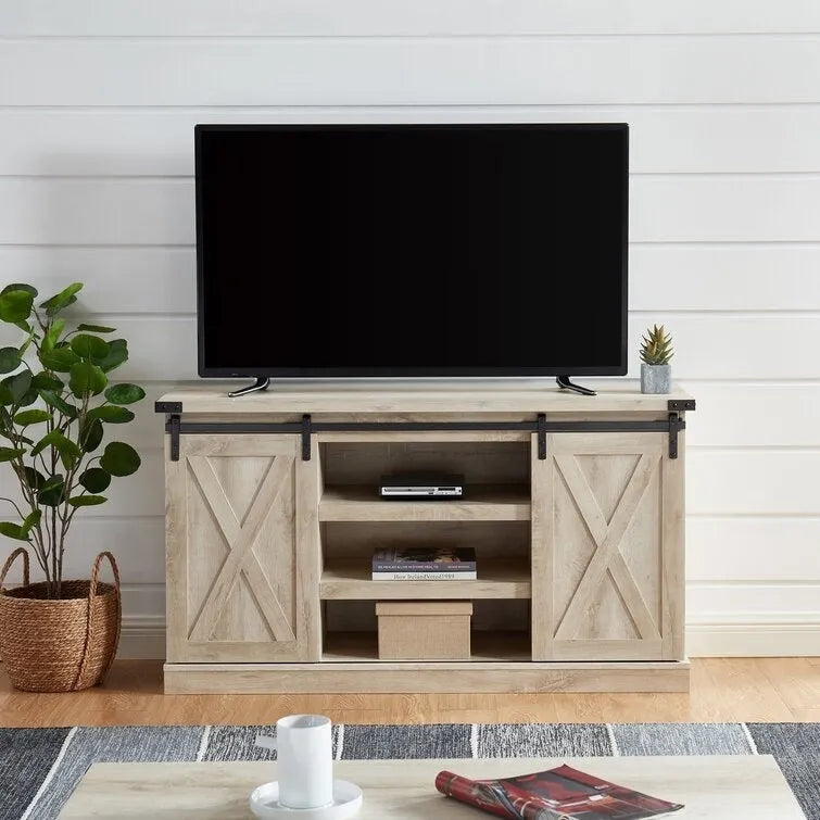 Meuble TV console média en bois avec portes coulissantes façon grange et étagère ouverte