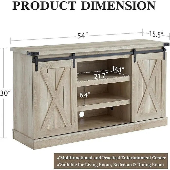 Meuble TV console média en bois avec portes coulissantes façon grange et étagère ouverte