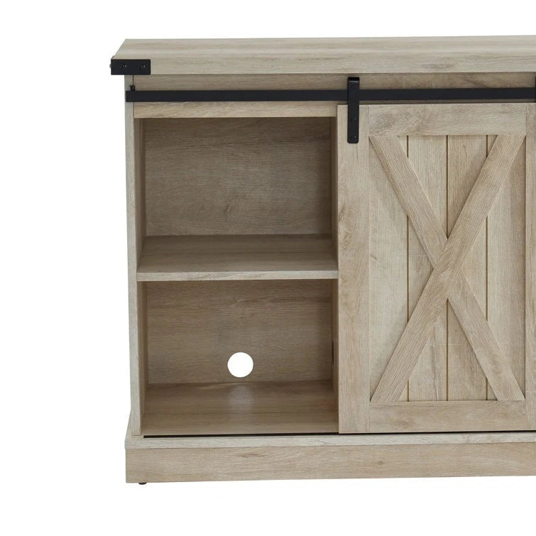 Meuble TV console média en bois avec portes coulissantes façon grange et étagère ouverte