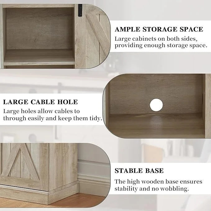 Meuble TV console média en bois avec portes coulissantes façon grange et étagère ouverte