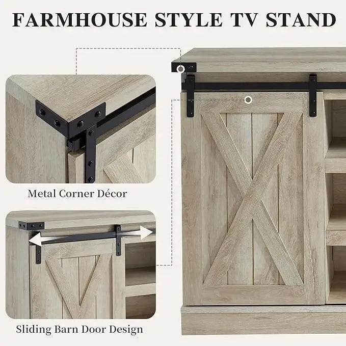 Meuble TV console média en bois avec portes coulissantes façon grange et étagère ouverte
