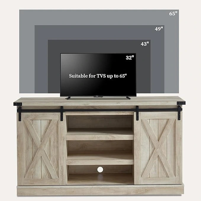 Meuble TV console média en bois avec portes coulissantes façon grange et étagère ouverte