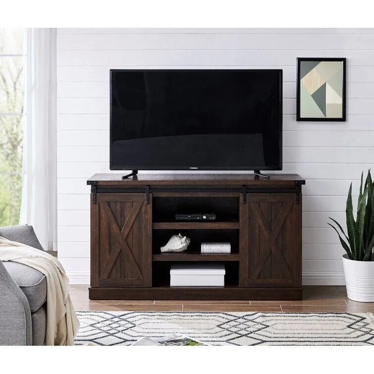 Meuble TV console média en bois avec portes coulissantes façon grange et étagère ouverte