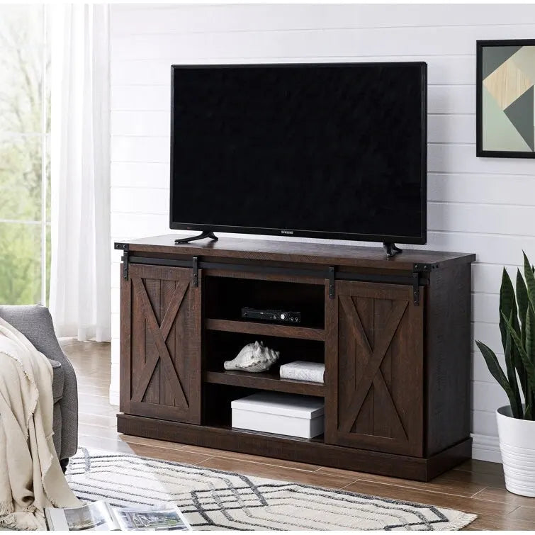Meuble TV console média en bois avec portes coulissantes façon grange et étagère ouverte