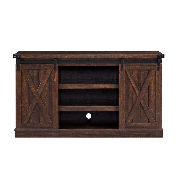 Meuble TV console média en bois avec portes coulissantes façon grange et étagère ouverte